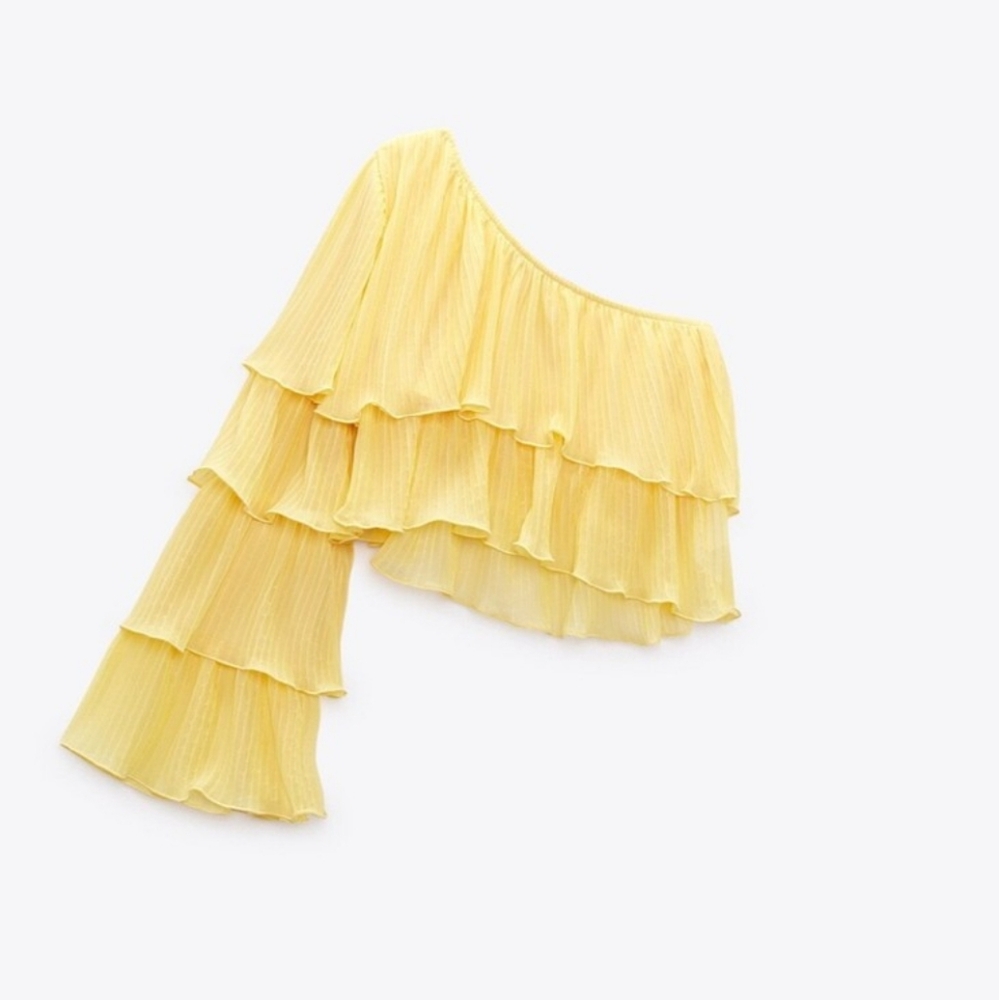🌟Yellow Ruffled One-Shoulder Top - Picture 2 of 4